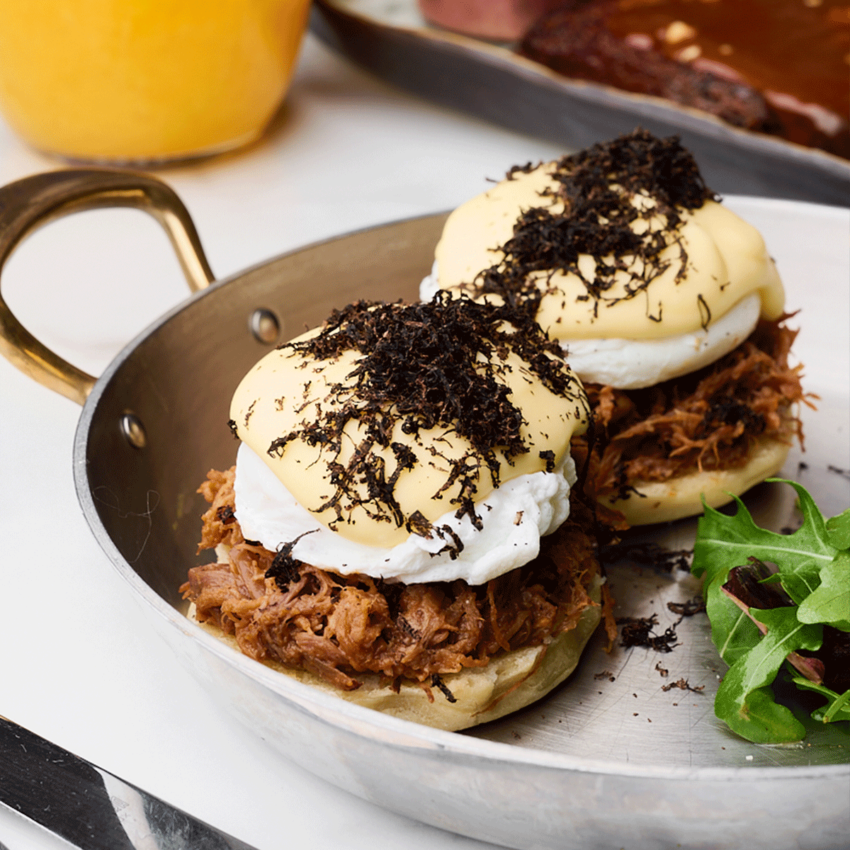 brunch with eggs and pulled beef truffle