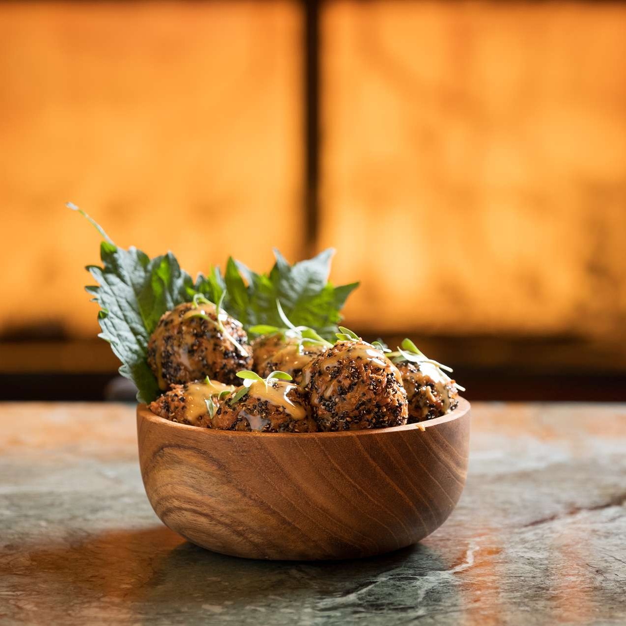 prawn pop corn shrimp balls miso caramel sauce